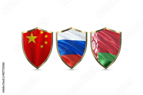 Free Download Belarus, Russia, and China Advertising concept. Which is the flag and shield of the three countries on a white background, 3D illustration. - GFXLoad