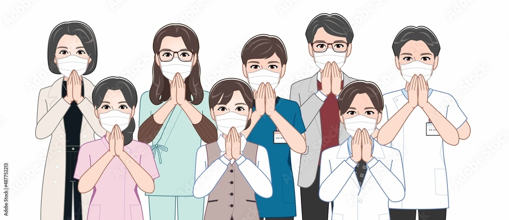 病院内でマスクをする人々