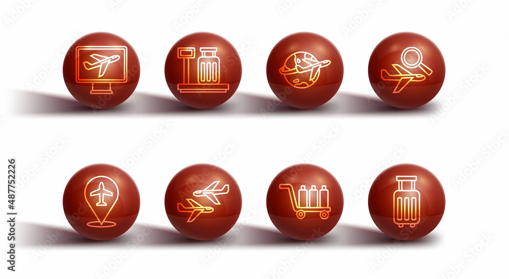 Set line Plane, Airplane search, Trolley baggage, Scale with suitcase, Suitcase and Globe flying icon. Vector Set line Plane, Airplane search, Trolley baggage, Scale with suitcase, Suitcase and Globe flying icon. Vector