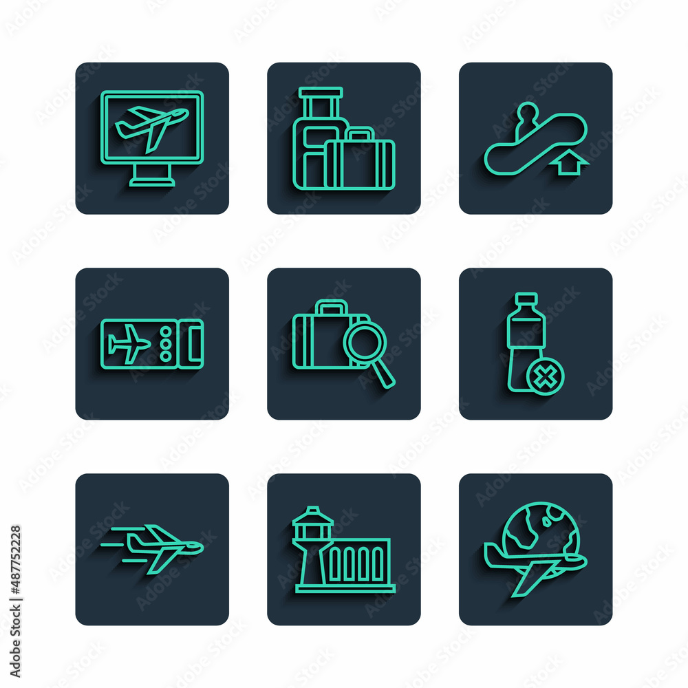 Set line Plane, Airport control tower, Globe with flying plane, Escalator up, Lost baggage, Airline ticket, and No water bottle icon. Vector Set line Plane, Airport control tower, Globe with flying plane, Escalator up, Lost baggage, Airline ticket, and No water bottle icon. Vector