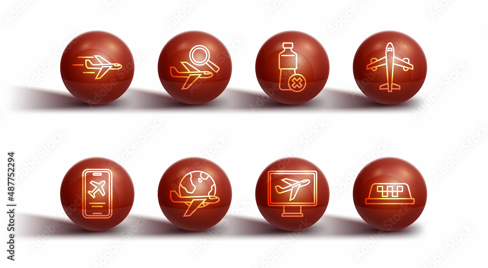 Set line Plane, Mobile with ticket, Globe flying plane, Airplane search, Taxi car roof and No water bottle icon. Vector Set line Plane, Mobile with ticket, Globe flying plane, Airplane search, Taxi car roof and No water bottle icon. Vector