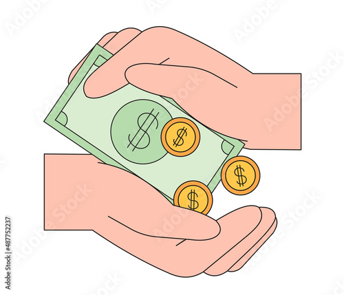 Two human character hands hold dollar bill vector icon, emblem. Vector illustration of money transfer, loan, business financial or bank operation. Concept of two people approving credit.