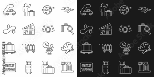 Set line Scale with suitcase, Globe flying plane, Lost baggage, Airline ticket, Escalator down, Passenger ladder for boarding and Conveyor belt icon. Vector