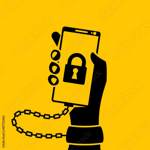 Internet addiction black icon. Hand in handcuff with chain holds smartphone. Nomophobia concept. Digital dependence detox. Habit of using social networks and media. Vector illustration flat design.