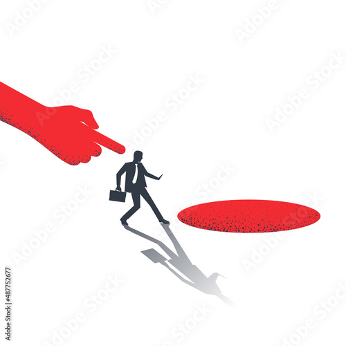 Big hand of leader pushes subordinate employee into abyss. Standing on cliff. Danger of falling into abyss. Business challenge concept. Vector illustration flat design. Isolated on white background.