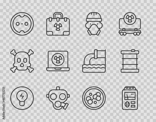 Set line Light bulb with concept of idea, Dosimeter, Nuclear reactor worker, Gas mask, Electrical outlet, laptop, Molecule and Radioactive waste in barrel icon. Vector