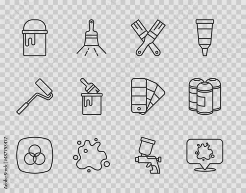 Set line RGB and CMYK color mixing, Paint spray, brush, bucket, with, gun and can icon. Vector