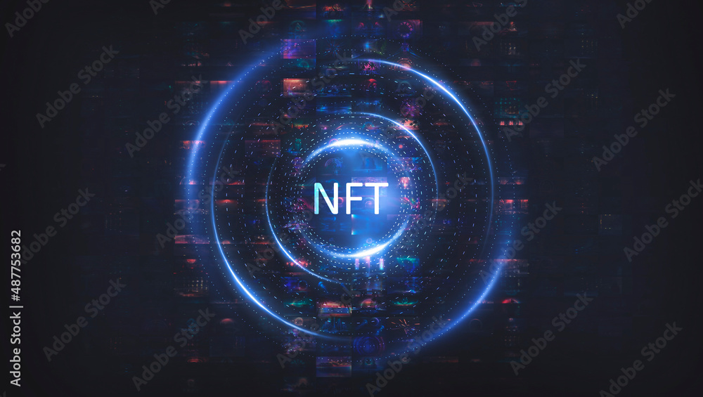 Collage signed with NFT token. Abstract NFT collage. EVERYDAYS: THE FIRST 5000 DAYS. Digital art, set of 3d illustrations. NFT concept, light rays, neon. 3D illustration