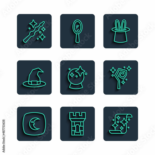 Set line Moon and stars, Castle tower, Magic scroll, Magician hat rabbit ears, ball, Witch, wand and staff icon. Vector