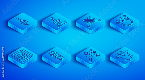 Set line Magic stone, Sword in the, Crossed medieval sword, Bottle with potion, wand, ring, Tarot cards and Ghost icon. Vector