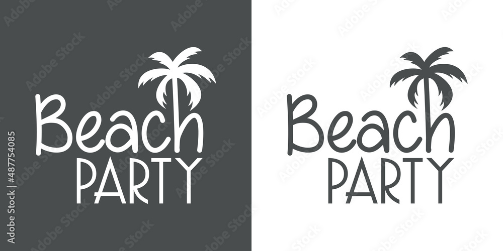 Naklejka premium Banner con texto Beach Party con letra con forma de silueta de palmera en fondo gris y fondo blanco