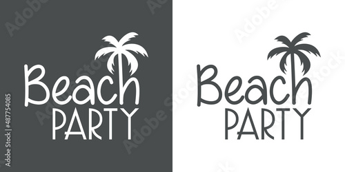 Banner con texto Beach Party con letra con forma de silueta de palmera en fondo gris y fondo blanco