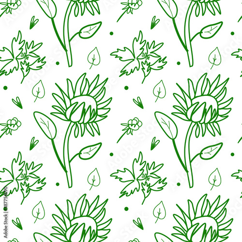 Seamless vector pattern floral green line on white background for saint patrick's day. Summer print, botanical, hand drawn. Designs for textiles, fabric, wrapping paper, packaging, scrapbooking.