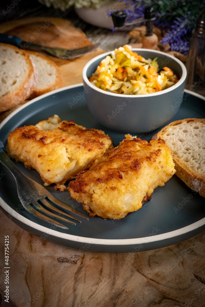 Pieces of fried cod fillet.