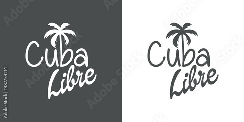 Banner con texto Cuba Libre con letra con forma de silueta de palmera en fondo gris y fondo blanco