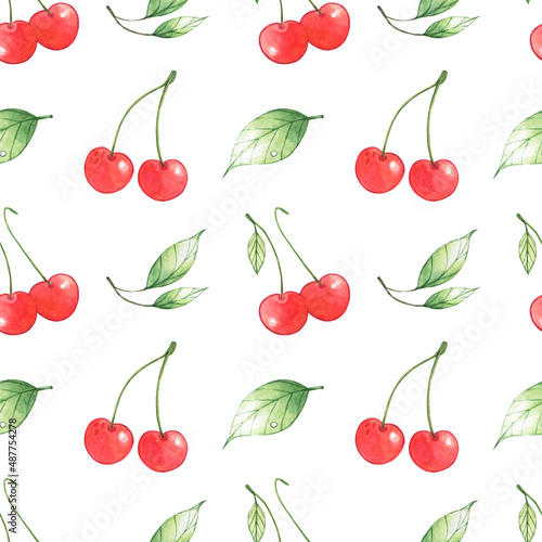 Cherry fruit with green leaves on white background. Cute cartoon fruit seamless pattern.