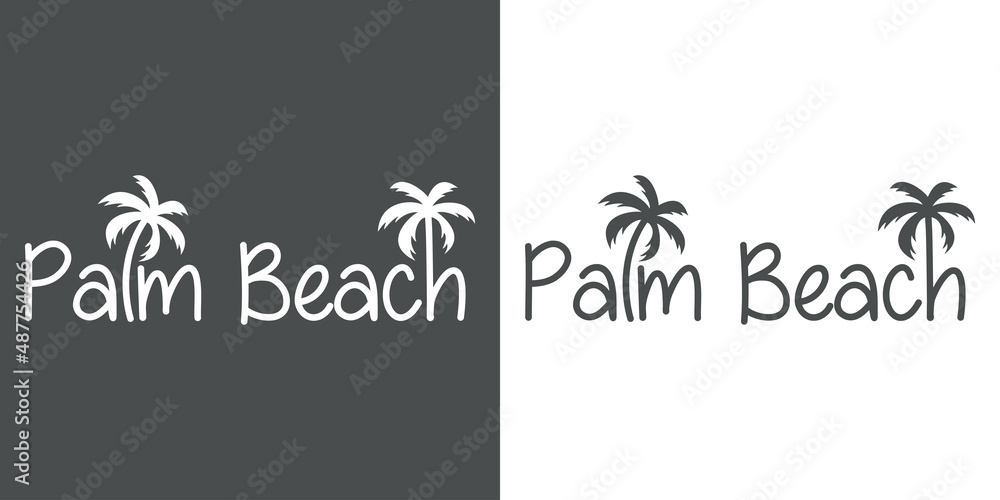 Destino de vacaciones. Banner con texto Palm Beach con letra con forma de silueta de palmera en fondo gris y fondo blanco