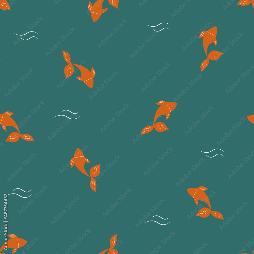 Fototapeta premium Koi fish seamless pattern. Oriental pond with goldfish. Vector illustration with fish. Cute repeating background for fabric, packaging, postcard, web.