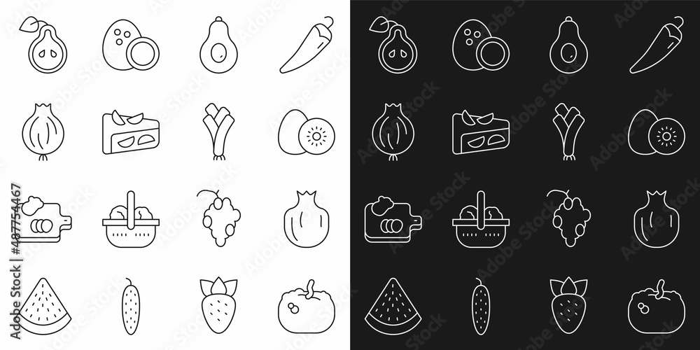 Set line Pumpkin, Pomegranate, Kiwi fruit, Avocado, Homemade pie, Garlic, Pear and Leek icon. Vector