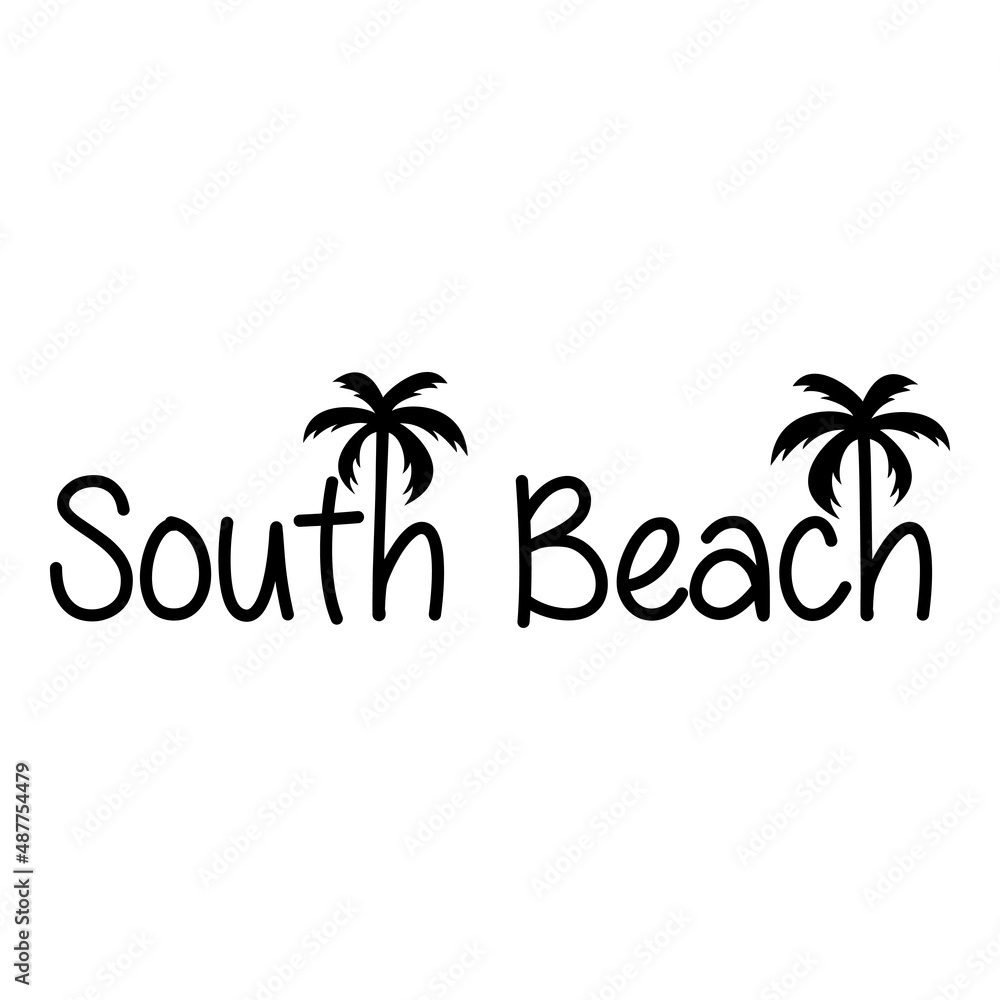 Destino de vacaciones. Banner con texto South Beach con letra con forma de silueta de palmera en color negro