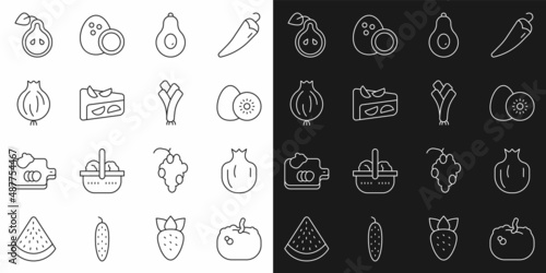 Set line Pumpkin  Pomegranate  Kiwi fruit  Avocado  Homemade pie  Garlic  Pear and Leek icon. Vector