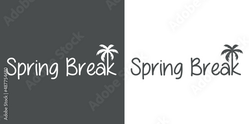 Beach holidays. Banner con texto Spring Break con letra con forma de silueta de palmera en fondo gris y fondo blanco