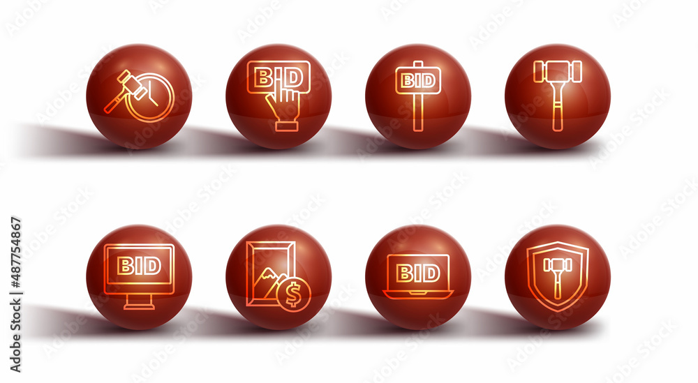 Set line Auction hammer, Online auction, painting, Bid, and Hand holding paddle icon. Vector Set line Auction hammer, Online auction, painting, Bid, and Hand holding paddle icon. Vector