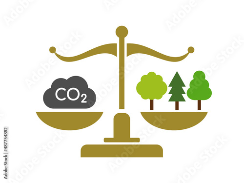 Carbon trading concept. Balance of CO2 emission with reforestation. Carbon credit regulations and law. Climate change prevention measures. Environment protection. Vector illustration, flat, clip art. 