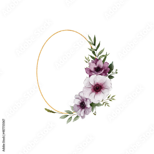 Geomeric golden frame with watercolor hand drawn flowers. Anemones, roses