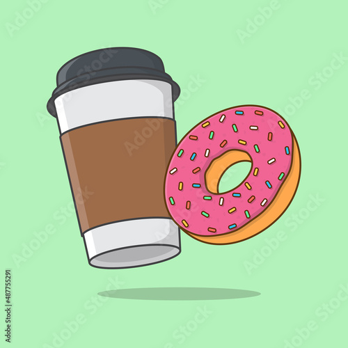 Donuts And Disposable Coffee Cup Cartoon Vector Illustration. Coffee Cup And Donut Flat Icon Outline