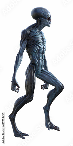 Side view 3d illustration of a male alien with red eyes and long arms walking isolated on a white background.