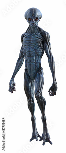 Front view 3d illustration of a male alien with red eyes and long arms standing and looking forward isolated on a white background.
