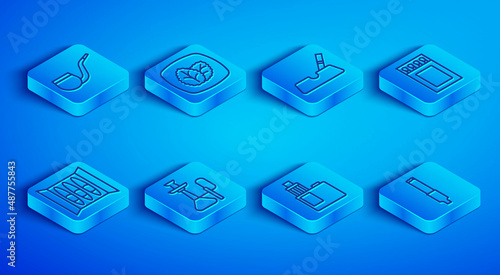 Set line No pipe smoking, Tobacco leaf, Ashtray with cigarette, Hookah, Vape mod device, Matchbox and matches, Cigar and Cigarette icon. Vector