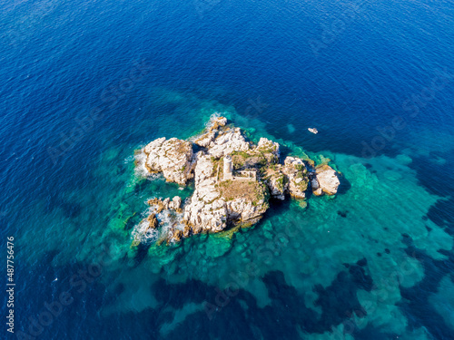 Aerial drone view of Peristeres Lighthouse in corfu greece