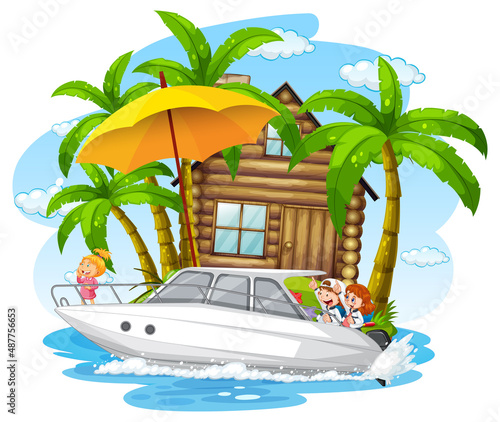 Bungalow tropical island and children in a boat
