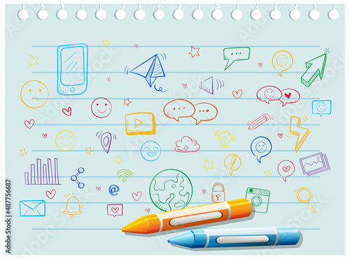 Coloured doodles objects on paper with crayons