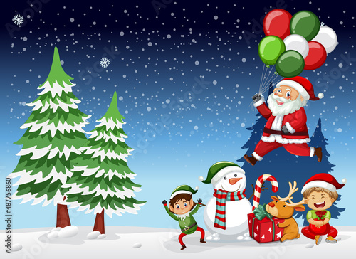 Snowy night scene with Christmas cartoon characters