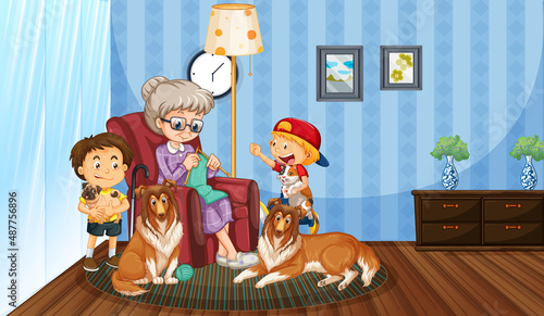 Granny with her nephews in the living room