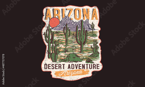 Desert cactus print deign for t shirt, poster, batch, and others. Arizona desert vibes vector artwork design.