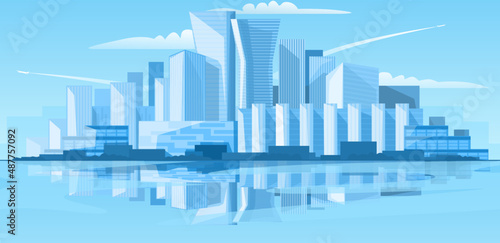 Modern city panorama. Flat cartoon panoramic view. Skyscraper megapolis banner. Cityscape on the riverside. Metropolis architecture in blue color.