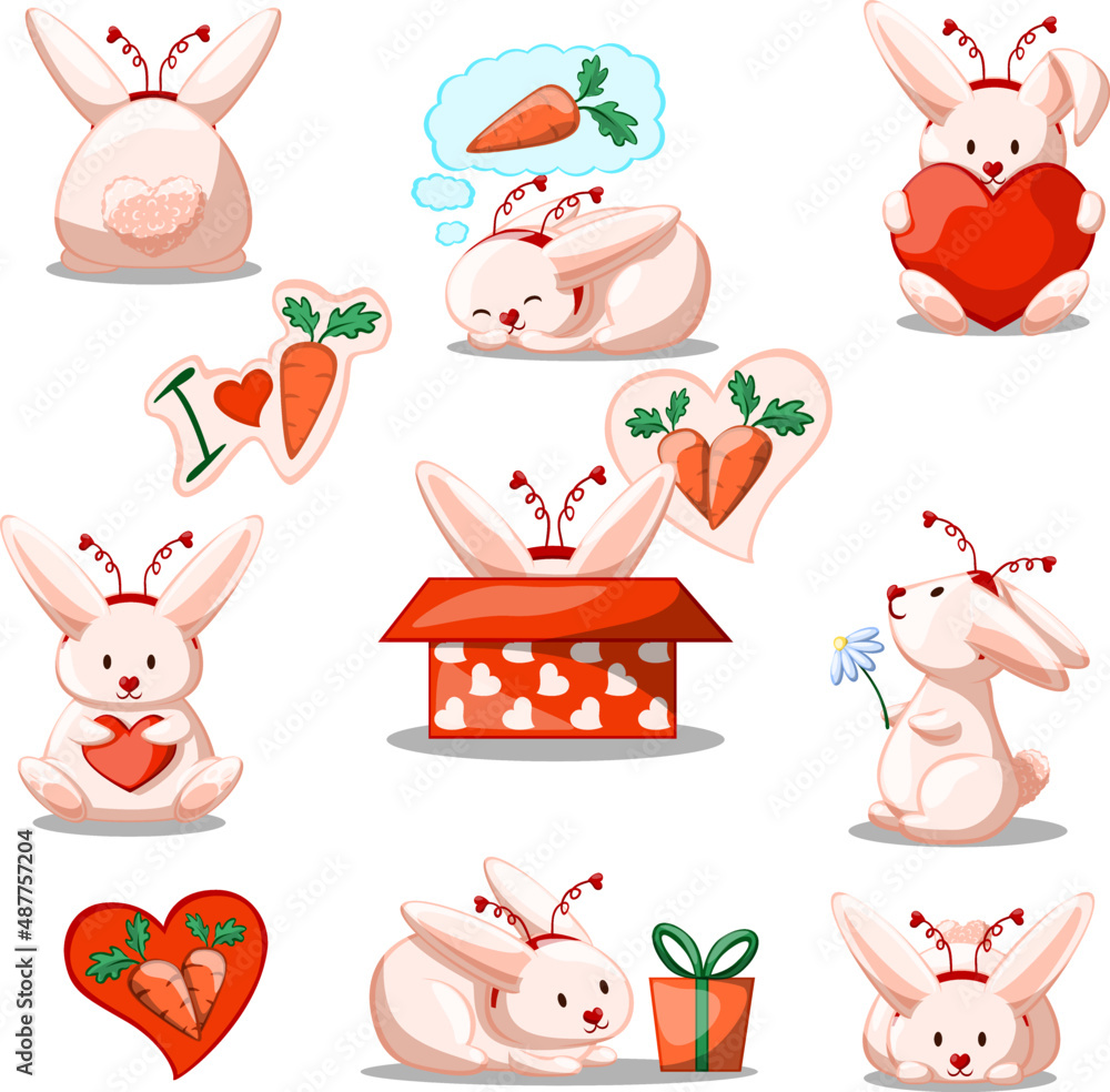 Valentine's Day set with cartoon cute pink bunny with headband with ...
