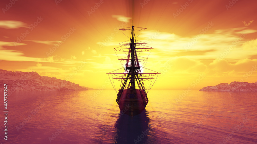 old ship sunset at sea 3d rendering old ship sunset at sea 3d rendering