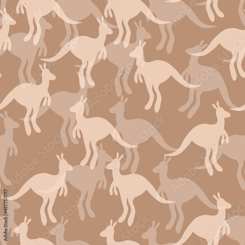 Vector flat illustration with silhouette kangaroo and baby kangaroo. Seamless pattern on color background. Design for card, poster, fabric, textile. Pray for Australia and animals