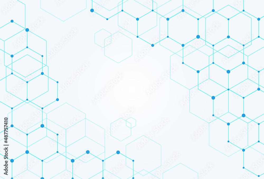 Abstract White background with blue tech hexagon and science concept