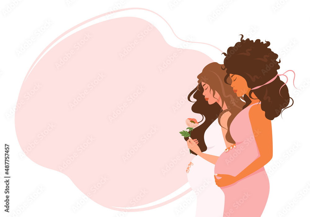 Vector background of beautiful pregnant women of different nationalities, healthcare, pregnancy.