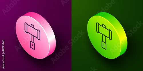 Isometric line Medieval battle hammer icon isolated on purple and green background. Circle button. Vector