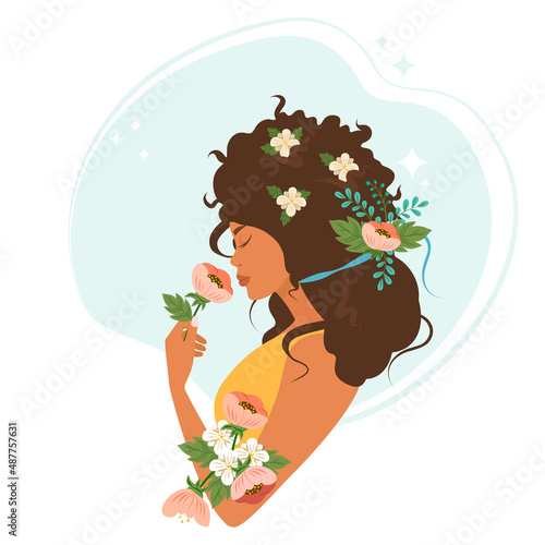 Beautiful profile of a dark-skinned woman with long hair and flowers. Vector illustration.