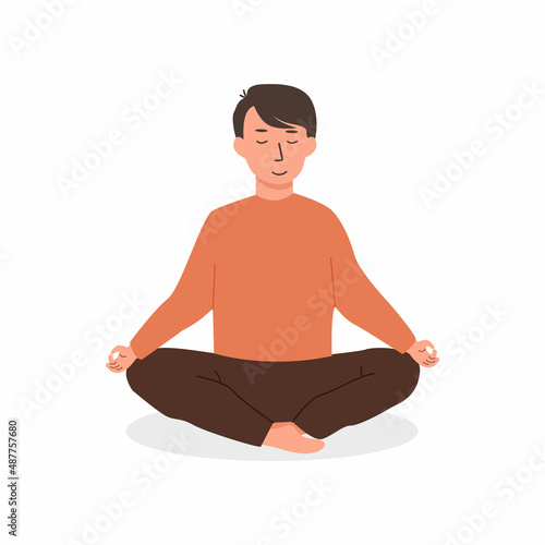 Caucasian boy sitting on floor in cross legged position and meditating. Child or teen doing yoga exercise. Meditation lesson in school concept. Vector flat illustration character isolated on white.