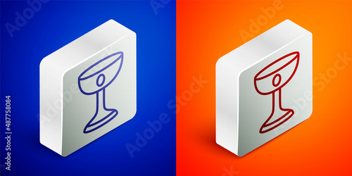 Isometric line Christian chalice icon isolated on blue and orange background. Christianity icon. Happy Easter. Silver square button. Vector