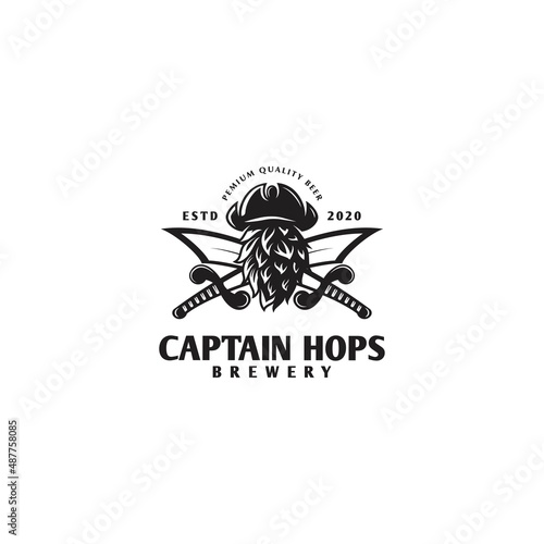 pirate hat with hops logo inspiration, captain hops logo design, vintage, brewery, vector
